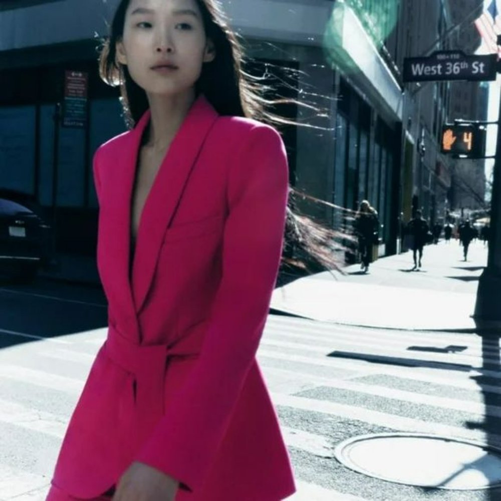 ZARA BELTED TUXEDO COLLAR BLAZER NEON FUSCHIA - Picture 10 of 13